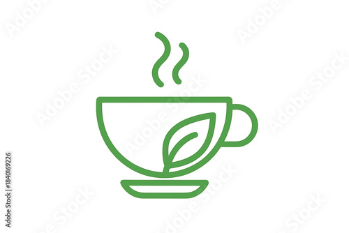 Minimalist line drawing of a steaming cup of herbal tea with a green leaf element