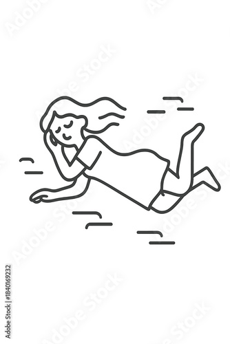 Peaceful woman floating horizontally with closed eyes and hair flowing in water or air