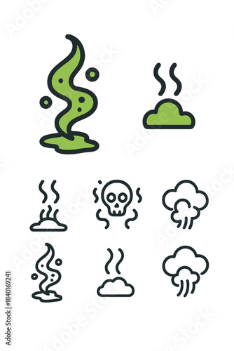 Set of symbols representing bad smell, toxic fumes, pollution, and dangerous chemical vapor