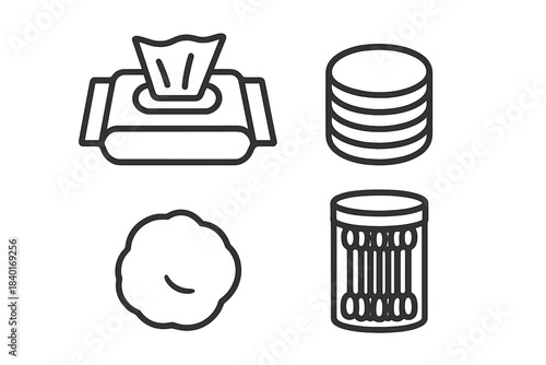 Collection of essential personal care and hygiene items including wet wipes, cotton pads, and swabs