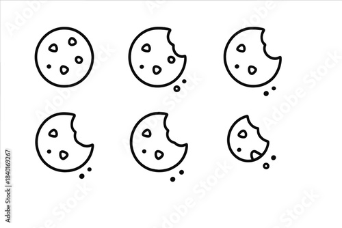 Simple black outline icons showing the consumption stages of a sweet cookie