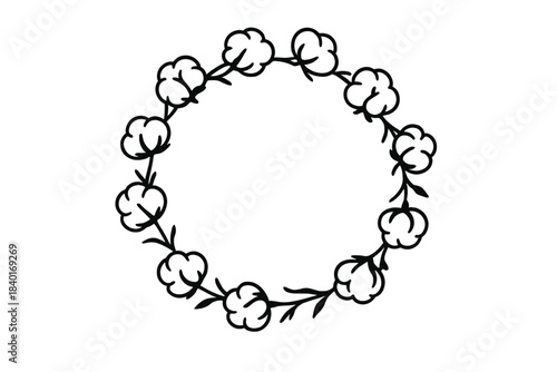 Elegant hand drawn circular frame border with natural cotton flowers and stems