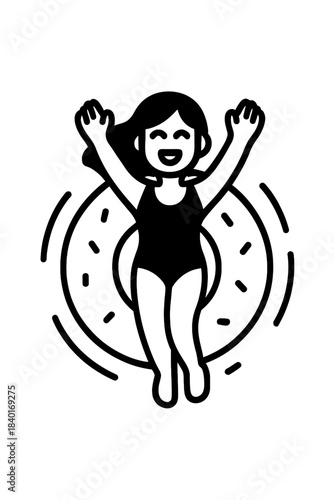 Cheerful woman floating on a donut shaped inflatable ring during summer vacation