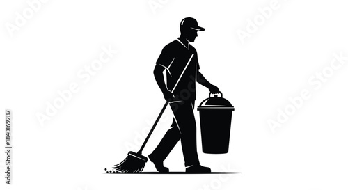 Worker with cleaning equipment silhouette
