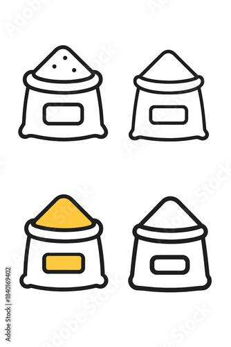 Outline and color icons set depicting open sacks filled with flour, grain, or sugar powder