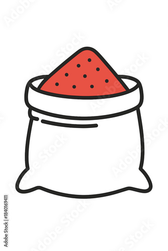 Open white burlap sack filled with vibrant red spice powder used for flavoring food and dishes