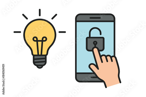 Hand unlocking security padlock on smartphone screen next to glowing light bulb