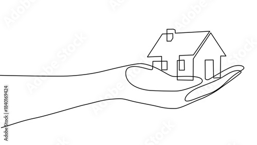One Line drawing -Minimalist Hand Holding House – Line art
