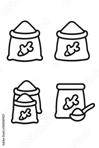 Outline icons showing ginger powder sacks, flour bags, and a measuring spoon for cooking