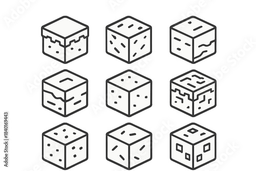 Nine isometric cubes featuring abstract texture patterns and geometric shapes