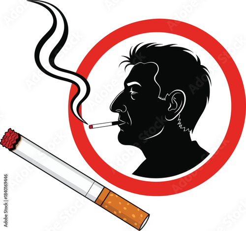 Smoking man profile with burning cigarette illustration
