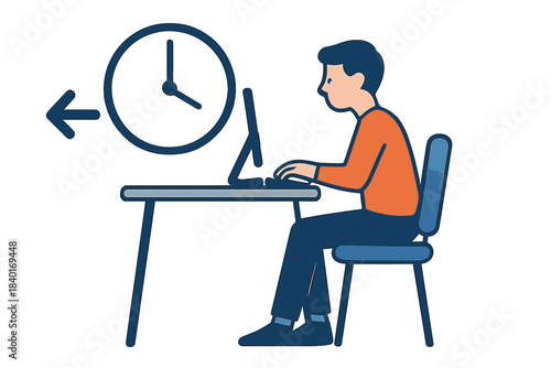 Focused worker at computer desk with symbolic clock indicating time pressure
