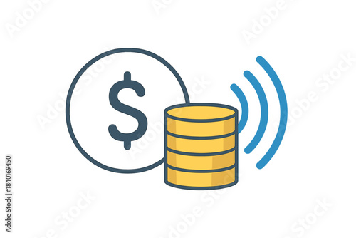 Stack of gold coins with dollar sign and wireless signal waves representing digital finance