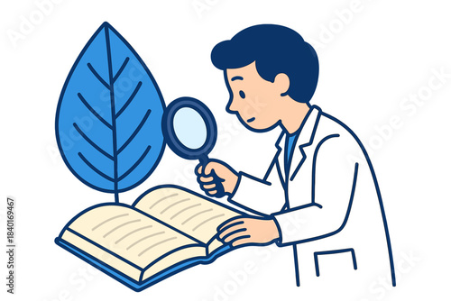 Researcher studying botany and biology in a textbook with a magnifying glass