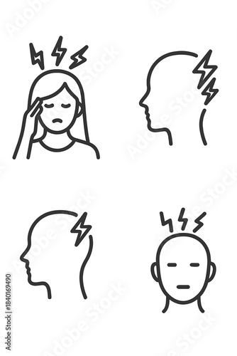 Line art symbols for intense head pain, migraine attacks, and stress discomfort