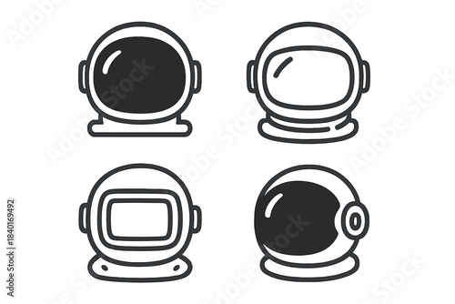 Collection of various astronaut helmets and space suit headgear symbols for exploration