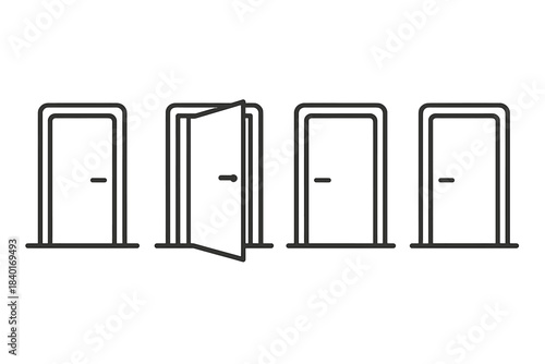 Multiple doors in a row with one door open representing choice and new possibilities