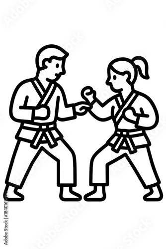 Man and woman practicing martial arts self-defense techniques in uniform