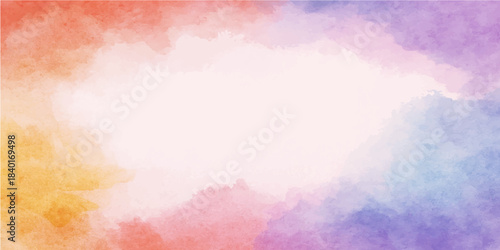 Abstract blue sky watercolor background with white clouds, texture, and bright sunlight
