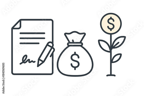 Outline icons representing financial agreement, money bag, and growing investment