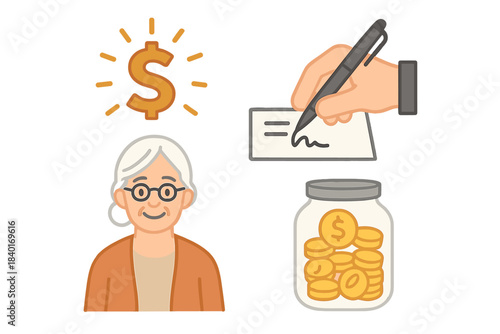 Senior woman financial planning, savings jar, dollar sign, and check signing elements