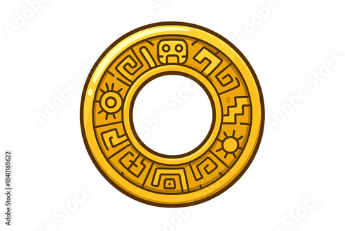 Golden ancient tribal coin or medallion with Mesoamerican symbols