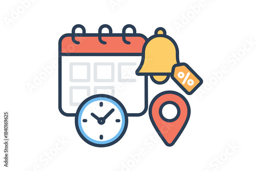 Event scheduling and time management concept with location pin and sale notification