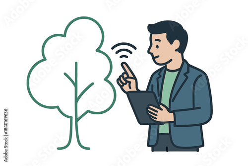 Man monitoring tree health using tablet and wireless connectivity for smart forestry