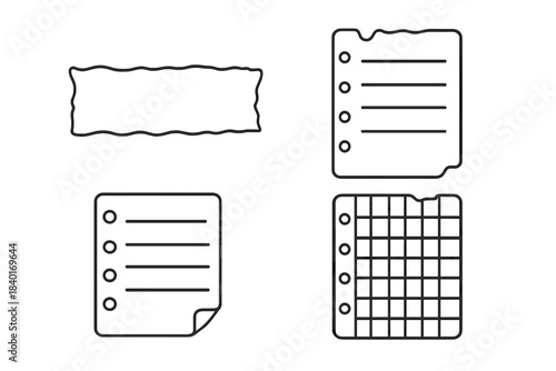 Various styles of torn and perforated paper notes and memo sheets for reminders and lists