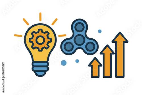 Creative light bulb icon with internal gear, fidget spinner, and upward arrows