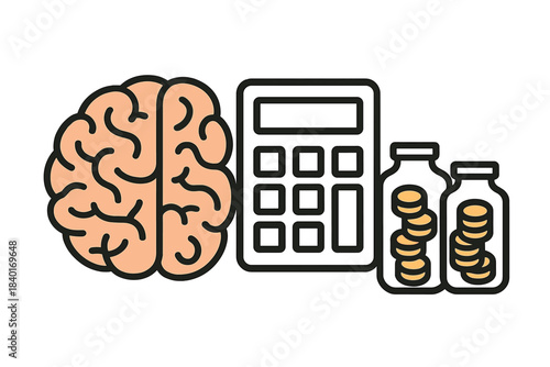 Human brain, calculator, and money jars representing financial intelligence and savings management