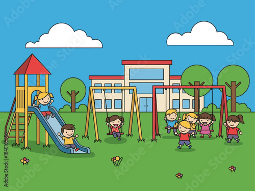 Children Playing at School Playground Illustration