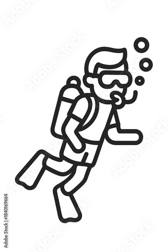 Scuba diver wearing mask and fins swimming underwater with oxygen tank and exhaling bubbles