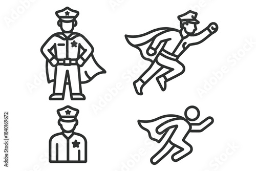 Minimalist outline drawings of police officers and superhero law enforcement figures
