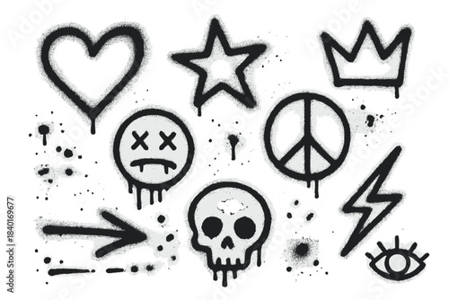 Black spray paint grunge symbols set including heart skull crown and lightning bolt