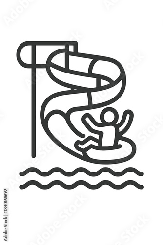 Person riding an inner tube down a curved water slide into a pool at a water park