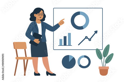 Female manager analyzing market data and presenting financial reports with graphs and diagrams