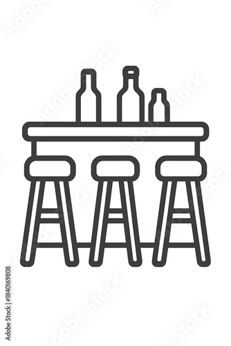 Contemporary bar counter interior featuring three high stools and assorted beverage bottles