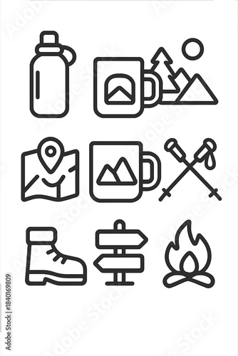 Minimalist set of hiking and camping gear for outdoor adventure essentials