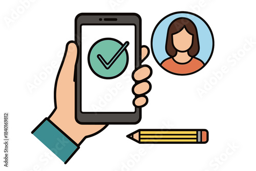 Hand holding smartphone with verification checkmark next to user profile avatar and pencil