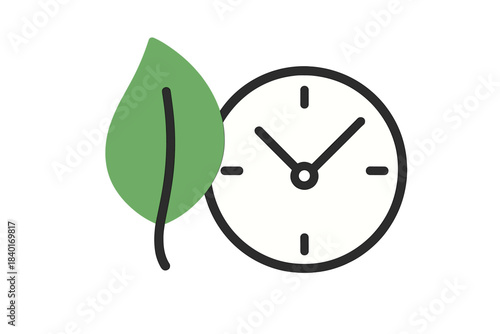 Eco friendly time management symbol with a natural green leaf and timepiece