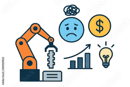 Robotic arm automation and business icons for finance growth and problem solving