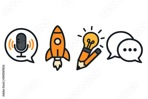 Business startup and communication concepts with rocket, microphone, and idea pencil