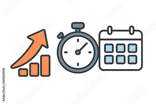 Business growth chart, stopwatch, and calendar icons representing deadlines and efficiency