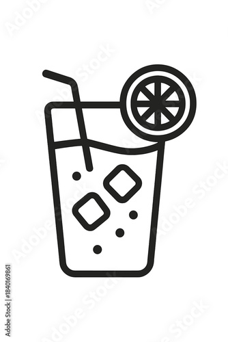 Refreshing iced beverage in a tall glass with a straw and citrus slice, black and white line art