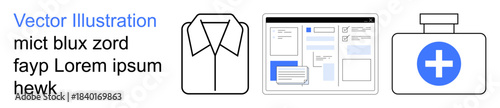 Workplace tools, healthcare symbols, UI design, office applications, organization, productivity. Shirt, web interface medical container with cross. Workplace tools and healthcare symbols