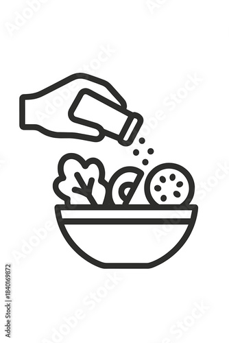 Hand adding seasoning to fresh healthy salad bowl using a shaker in line art style