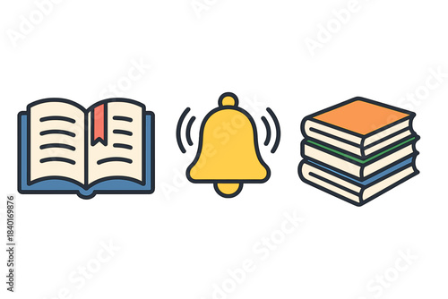 Set of educational icons showing an open book, ringing alarm bell, and stack of hardcover books