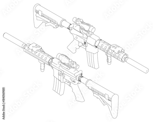 Two automatic assault rifle outlines in black contour on a white background. This weapon set features detailed stocks, long barrels, and short muzzles. Isometric view