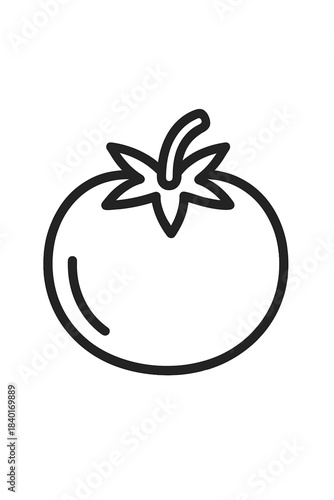 Fresh ripe tomato outline icon with stem and leaves for food menus and applications